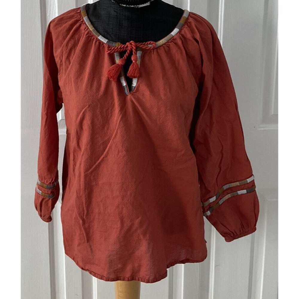 Prana Dry Chili Atlantis Peasant Embroidered Top Sz M Rust Color Organic Cotton